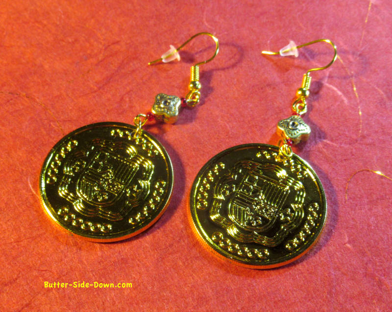 Pirate Doubloon Gold Coin Dangle Earrings