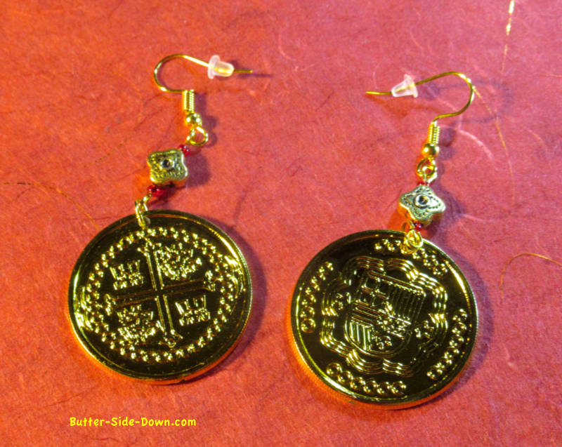 Pirate Doubloon Gold Coin Dangle Earrings