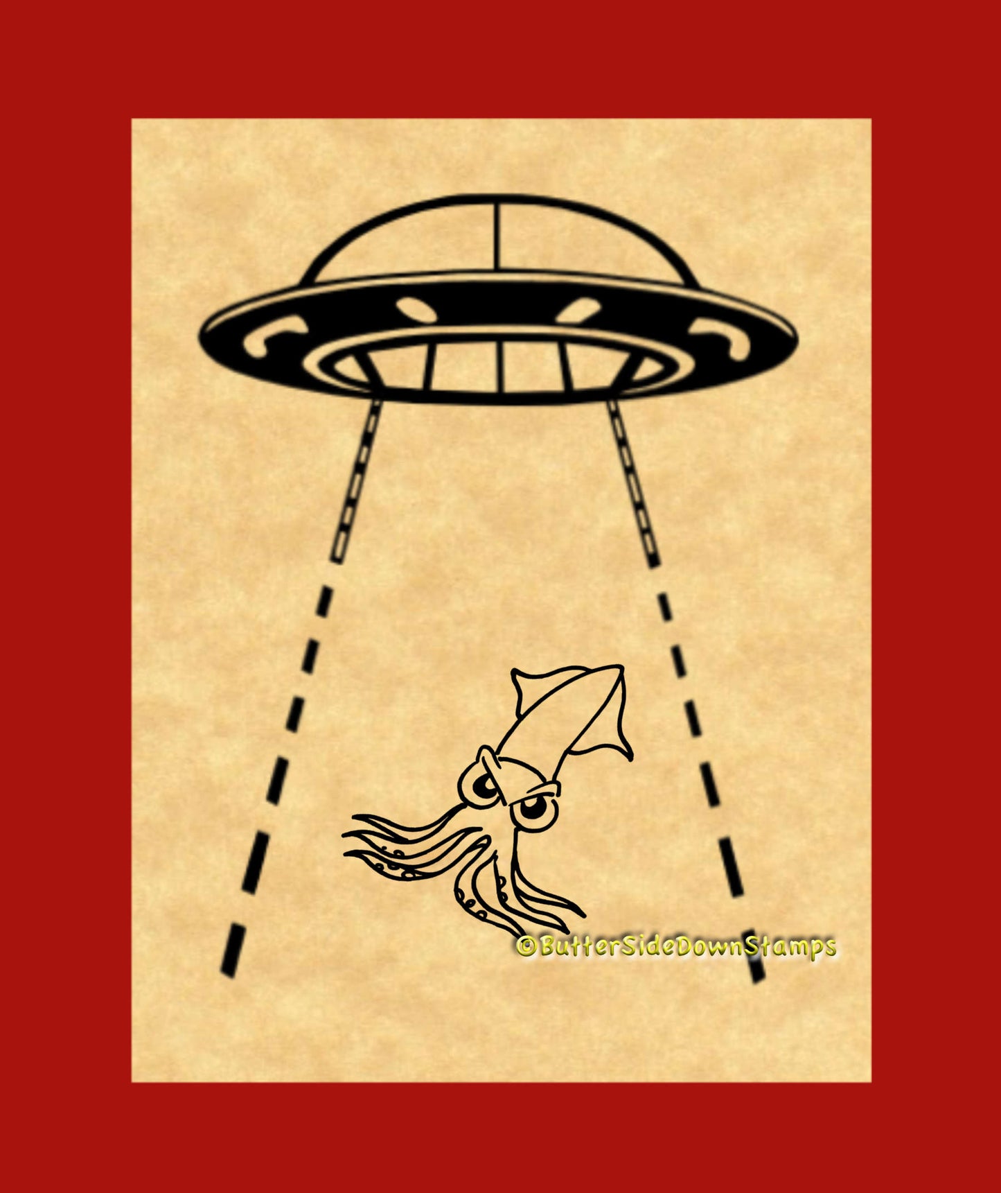 Alien UFO Abducting an Angry Squid rubber stamp.