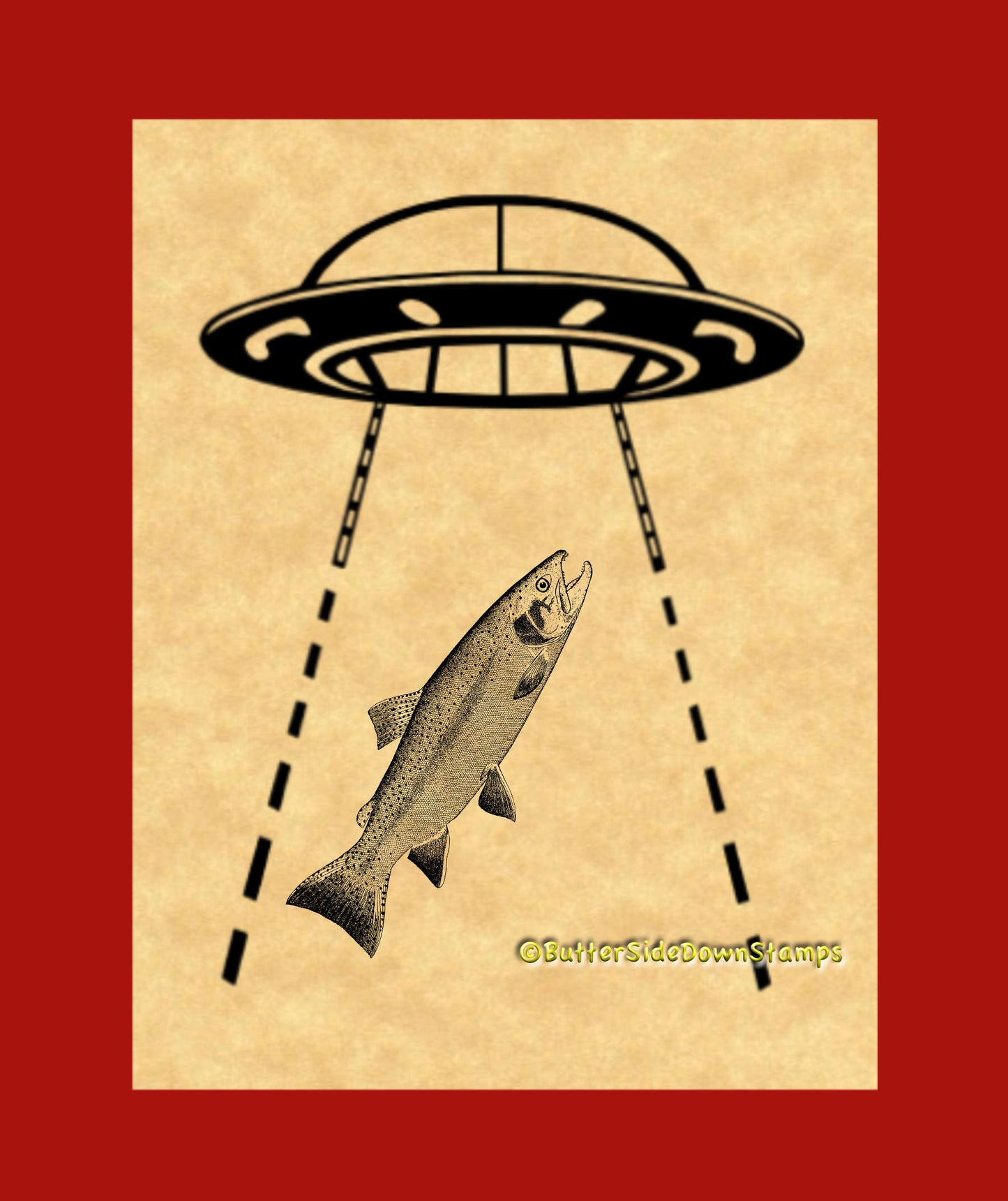 Alien UFO Abducting a Rainbow Trout rubber stamp.