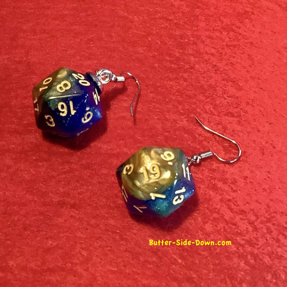 20 Sided Icosahedron Blue-Green Dungeon Dice Earrings