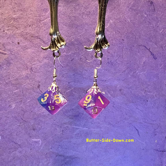 Dungeon Dice Earrings 10 Sided Fushia Blue