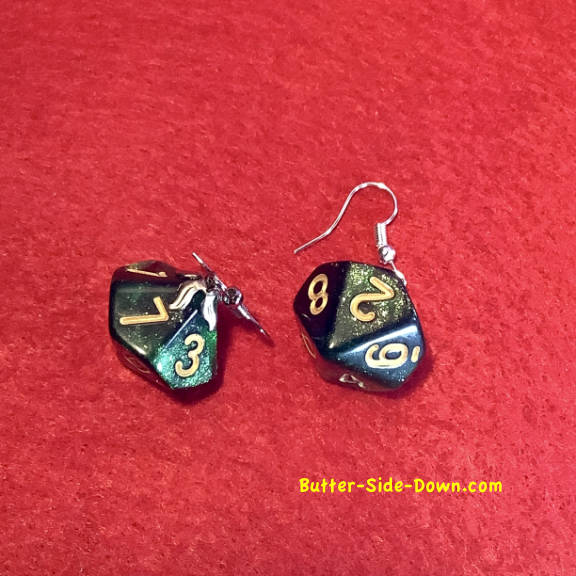 Dungeon Dice Earrings 10 Sided Trapezohedron Green Black