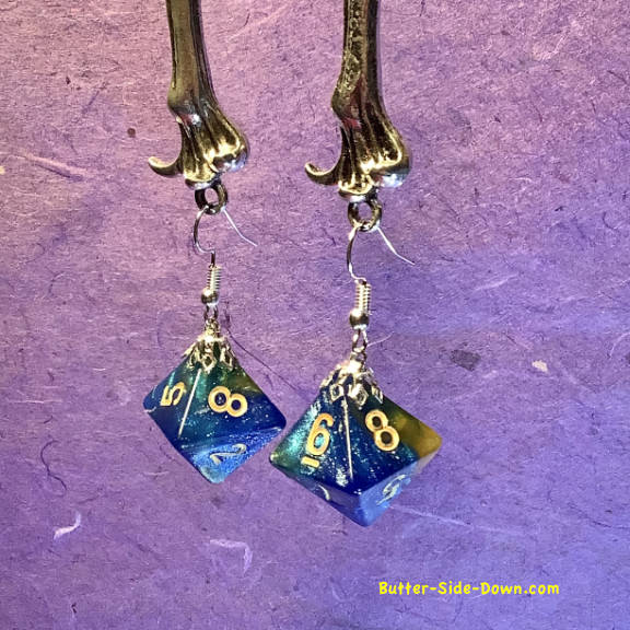 Dungeon Dice Earrings Octahedron Blue-Green