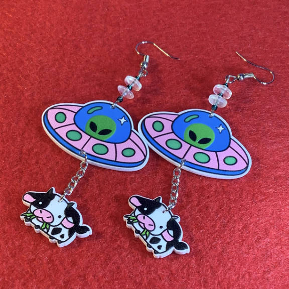 UFO Aliens stealing cows earrings