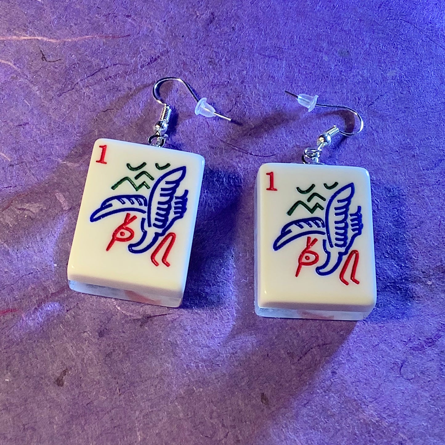 Dancing Crane Mahjong Tile Chunky Lucite Earrings
