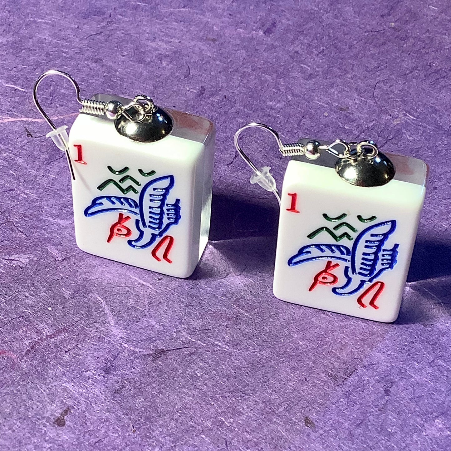 Dancing Crane Mahjong Tile Chunky Lucite Earrings