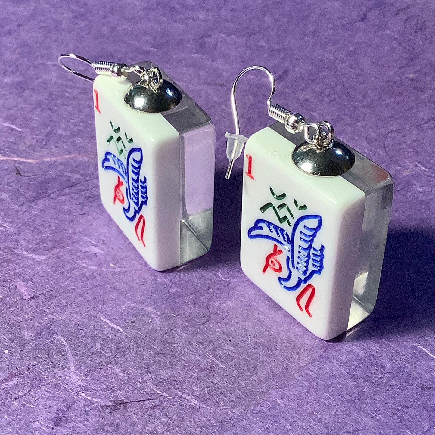 Dancing Crane Mahjong Tile Chunky Lucite Earrings