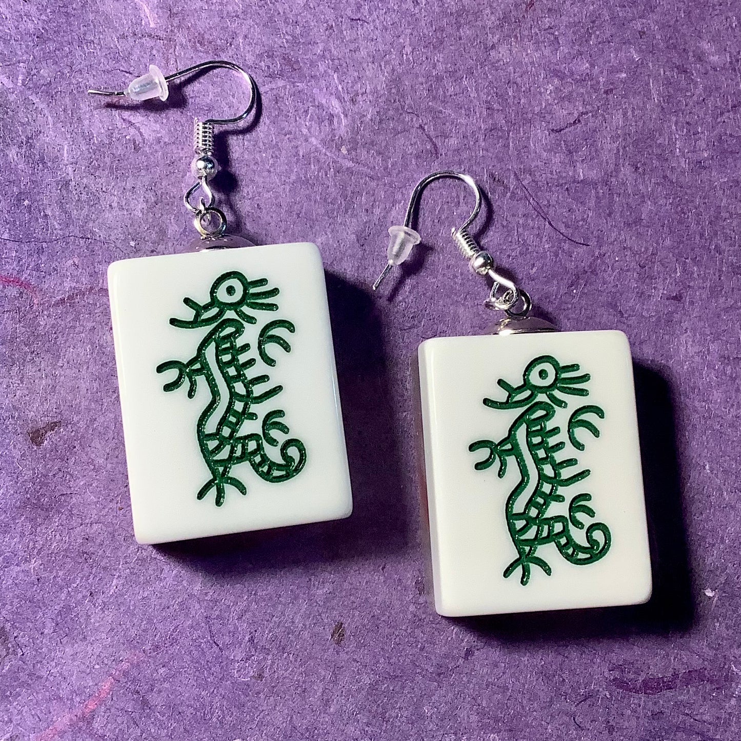 Green Dragon Mahjong Tile Chunky Lucite Earrings