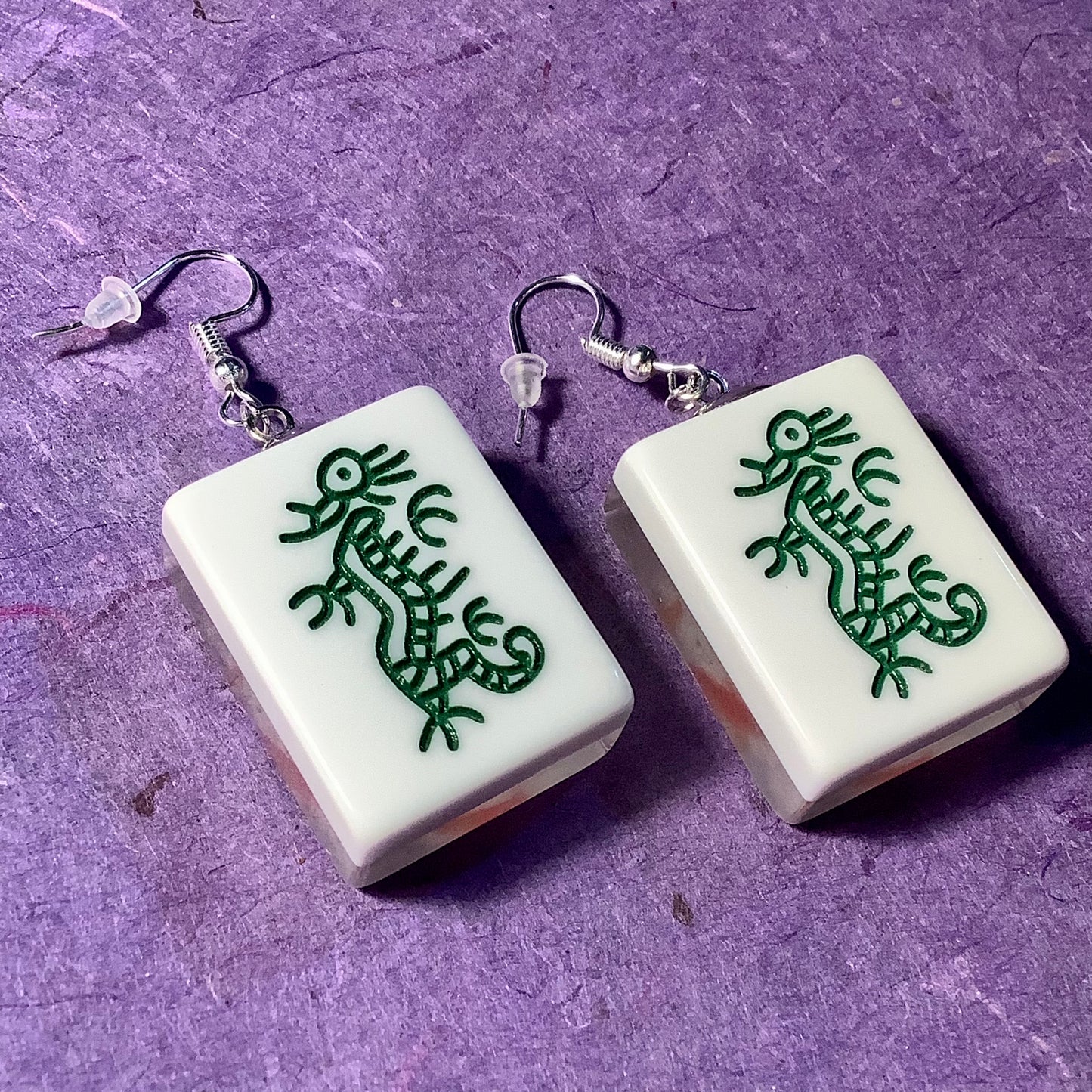Green Dragon Mahjong Tile Chunky Lucite Earrings