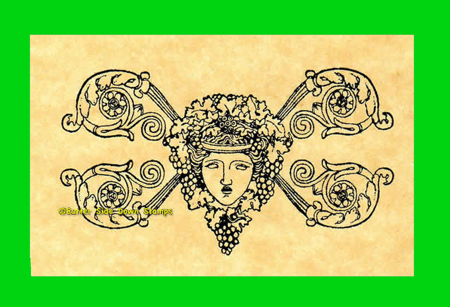 Green woman face with vines and grapes.