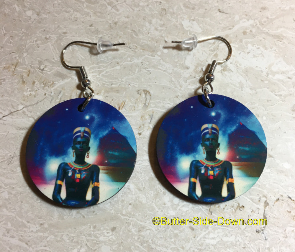 Egyptian Goddess Hathor wearing headdress with pyramid in background Earrings