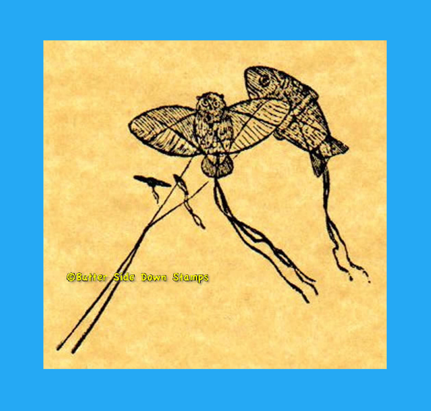 Decorative Owl and Fish Asian kites rubber stamp
