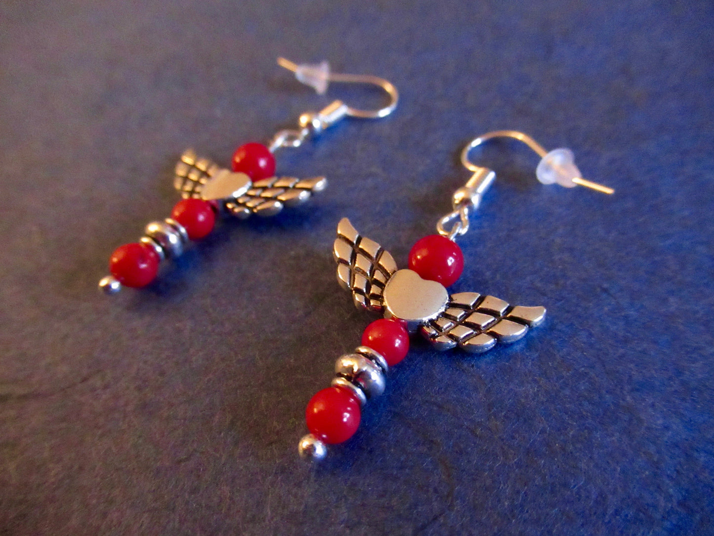 Red Coral Winged Heart Earrings
