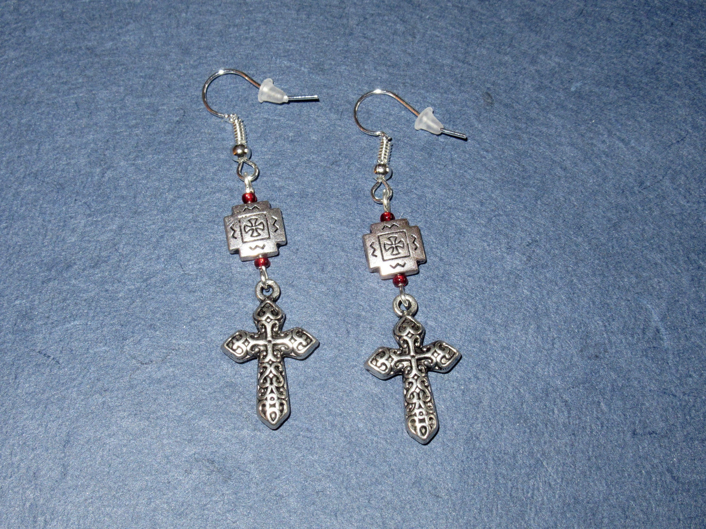 Ornate Crucifix Red Earrings