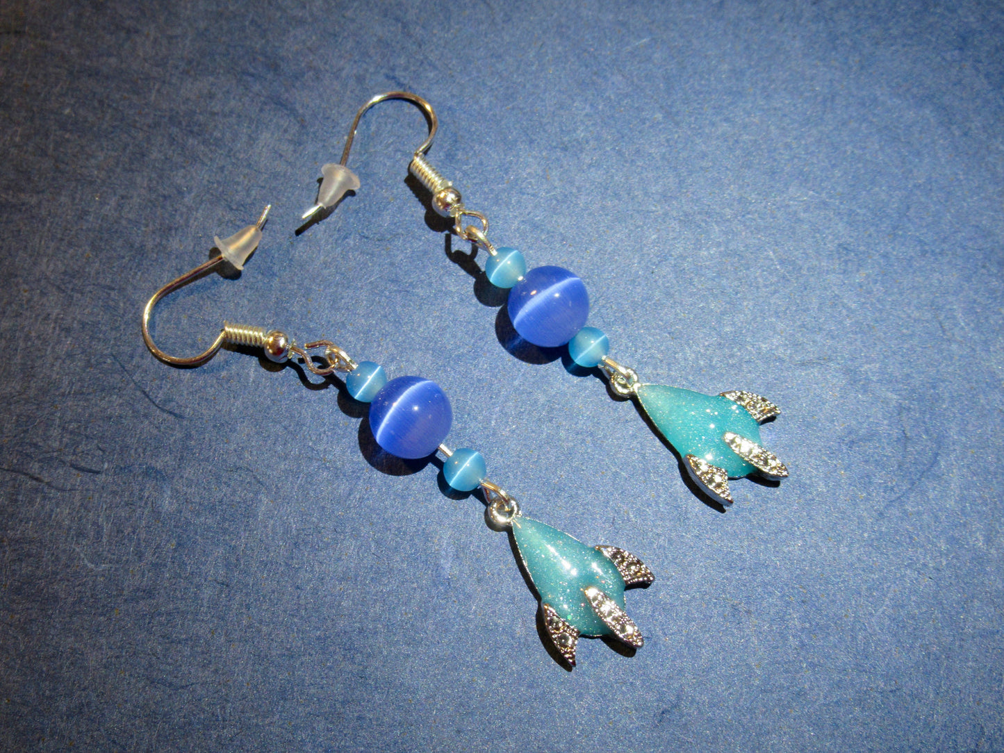 Blue Enamel Rocket Ship Earrings