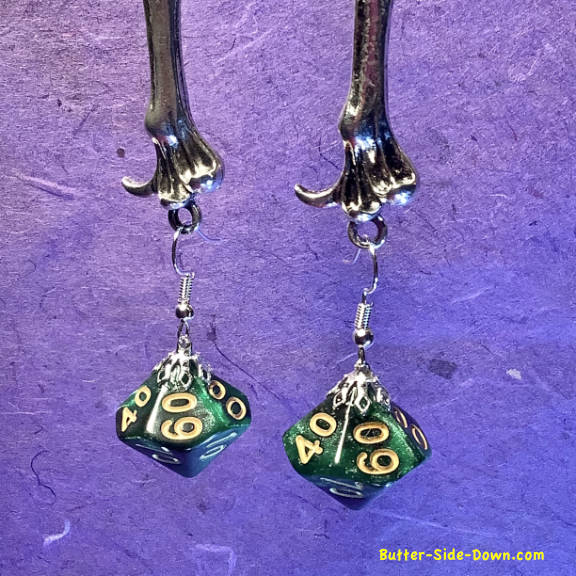 Dungeon Dice 10 Sided Percentage Pentagonal Trapezohedron Green  Earrings Black