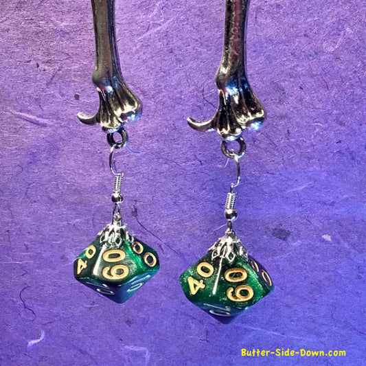 Dungeon Dice 10 Sided Percentage Pentagonal Trapezohedron Green  Earrings Black