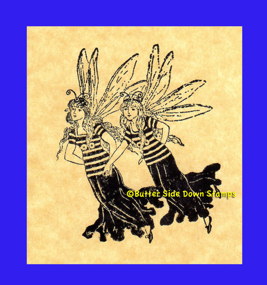 Honey bee fairy twins rubber stamp.