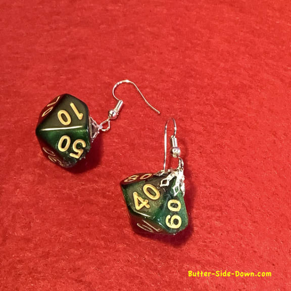 Green Black Dungeon Dice Earrings 10 Sided Percentage 
