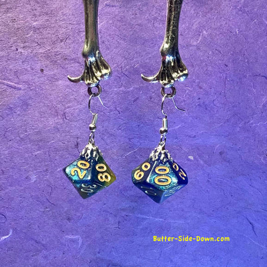 Dungeon Dice Earrings 10 Sided Percentage Blue Green