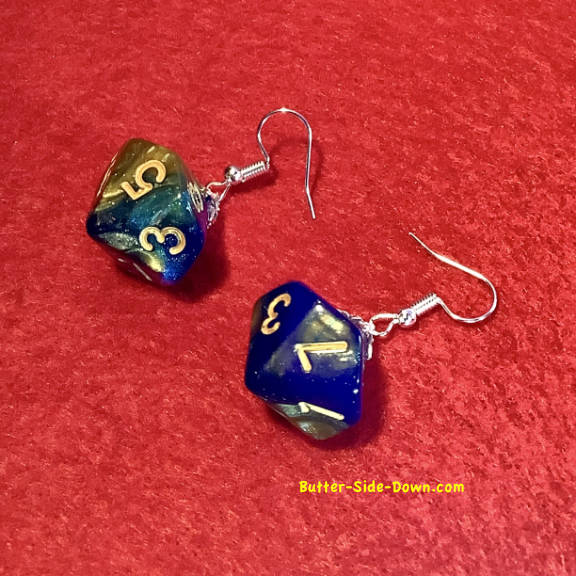 Dungeon Dice Earrings 10 Sided Trapezohedron Blue Green