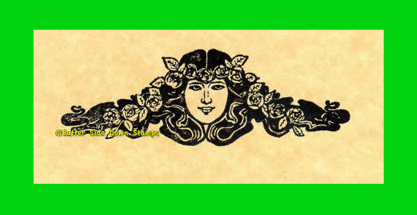 Earth goddess with flowing hair and flowers rubber stamp