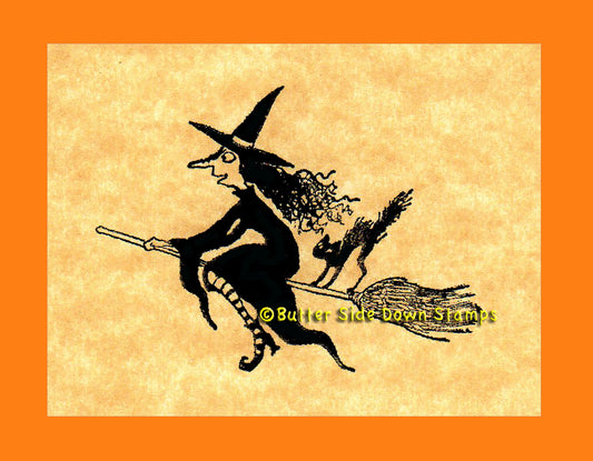 Flying Witch on broomstick with black cat rubber stamp.