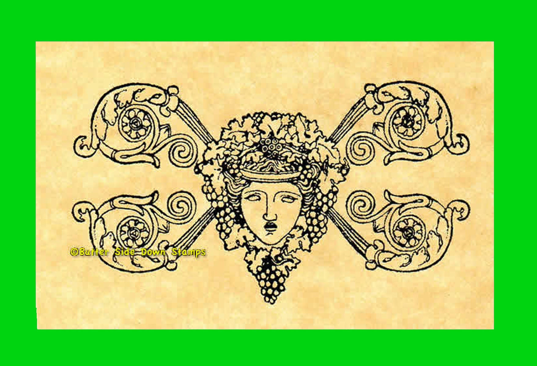 Green woman face with vines and grapes. 