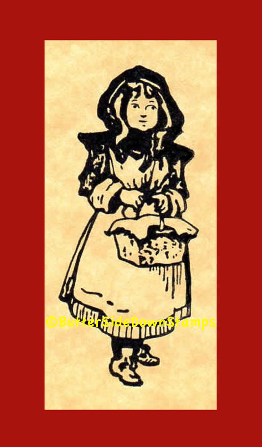 Little Red Riding Hood with a basket of goodies rubber stamp