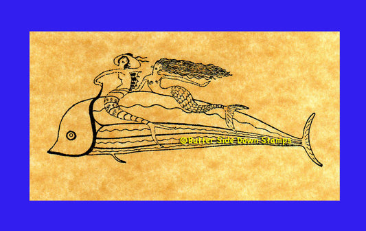 Mermaid Frolick rubber stamp with 2 mermaids riding a huge fish. 