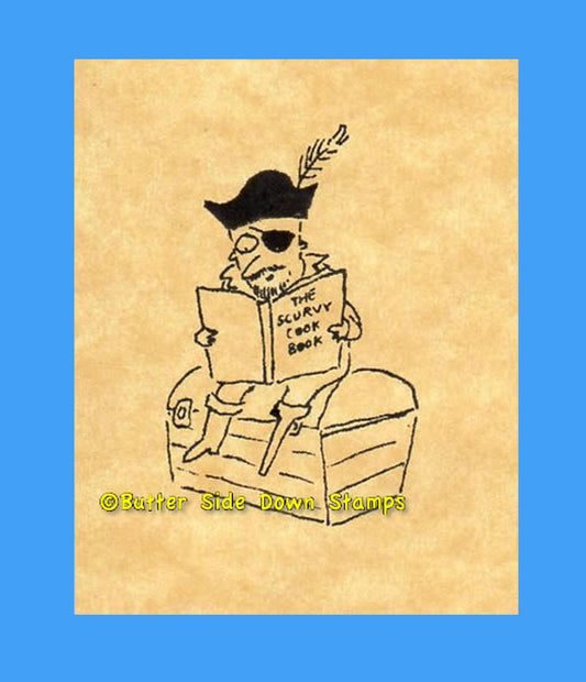 Pirate with a cookbook sitting on a wooden chest