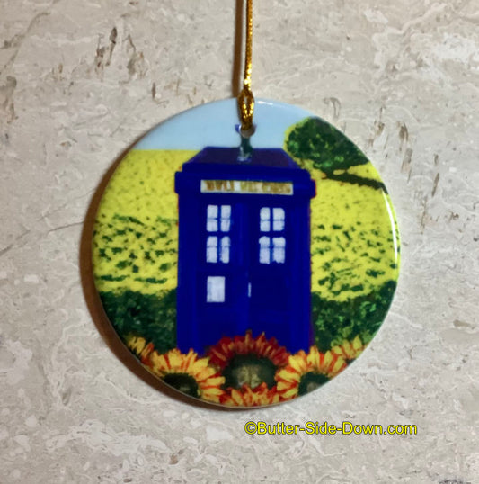 Blue Police Box surrounded by sunflowers 