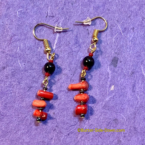 Black tourmaline and red coral earrings