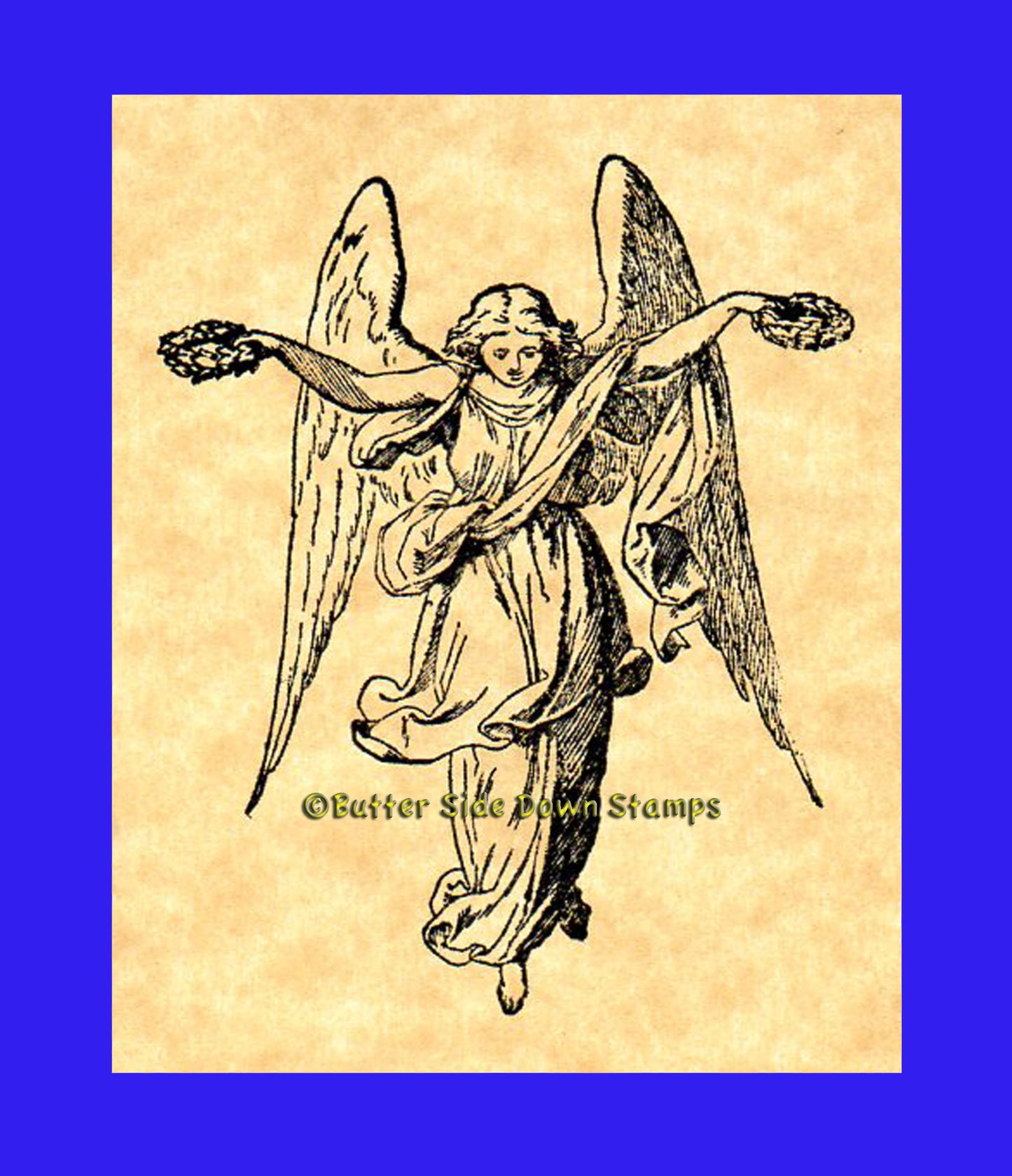 Winged angel bearing wreaths rubber stamp