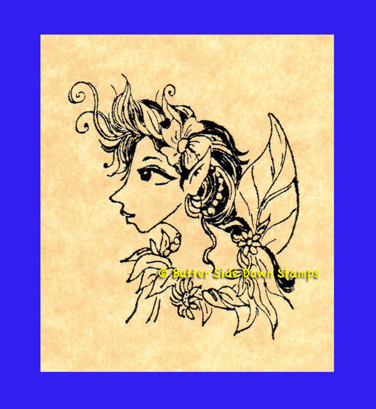 woodland fairy with flowers in her hair rubber stamp