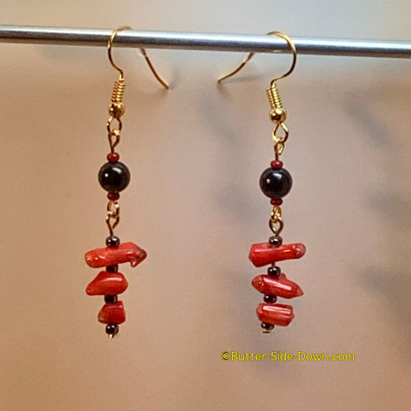 Elegant red coral and black tourmaline earrings