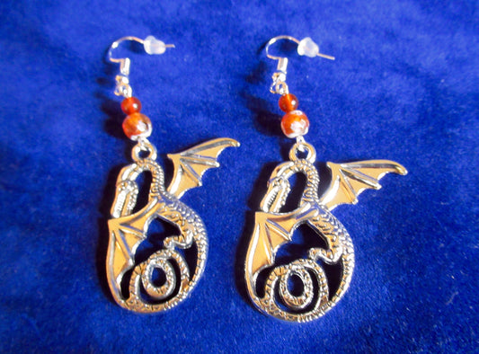 Flying Dragon Fire Agate and Carnelian Bead Dangle Earrings