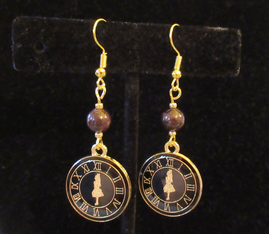 Garnet Alice In Wonderland Clock Earrings