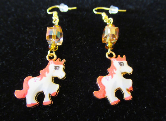 Pink Enamel and Gold Pony Amber Crystal Earrings