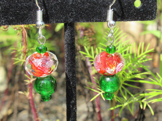 Faceted Red and Green Lampwork Floral Earrings