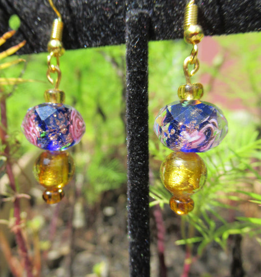 Faceted Czech Lampwork Purple and Gold Earrings