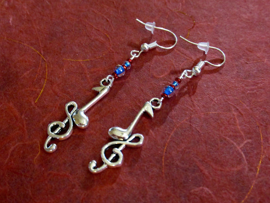 Music Note and Clef Blue Czech Earrings