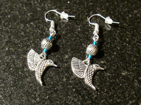 Silver Hummingbird Blue Earrings