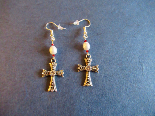 Rhinestone Crucifix Pearl Earrings