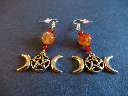 Triple Goddess Snakeskin Agate and Carnelian Earrings